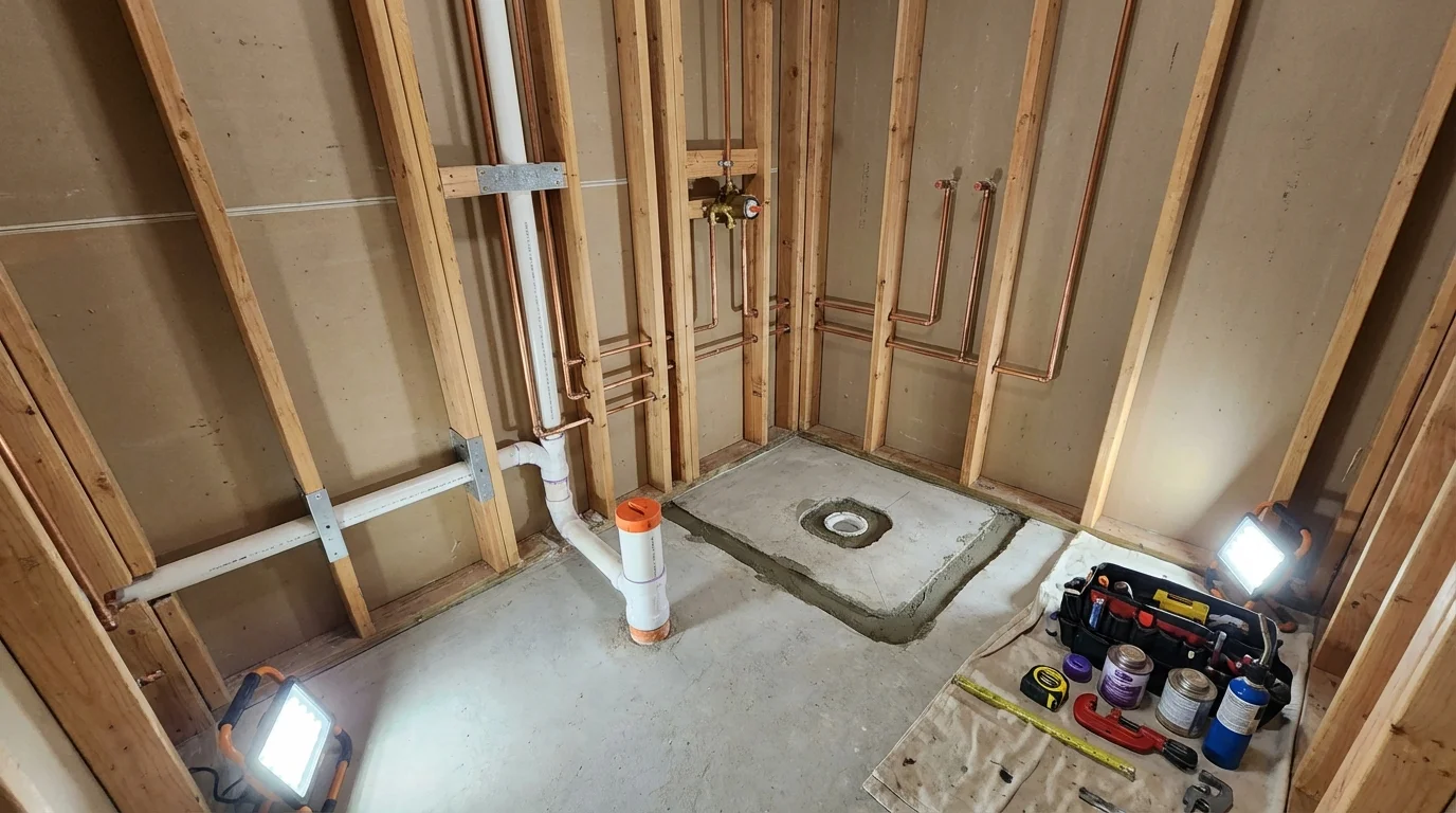 Bathroom rough-in plumbing during remodel by Johns Plumbing LLC in Swartz Creek