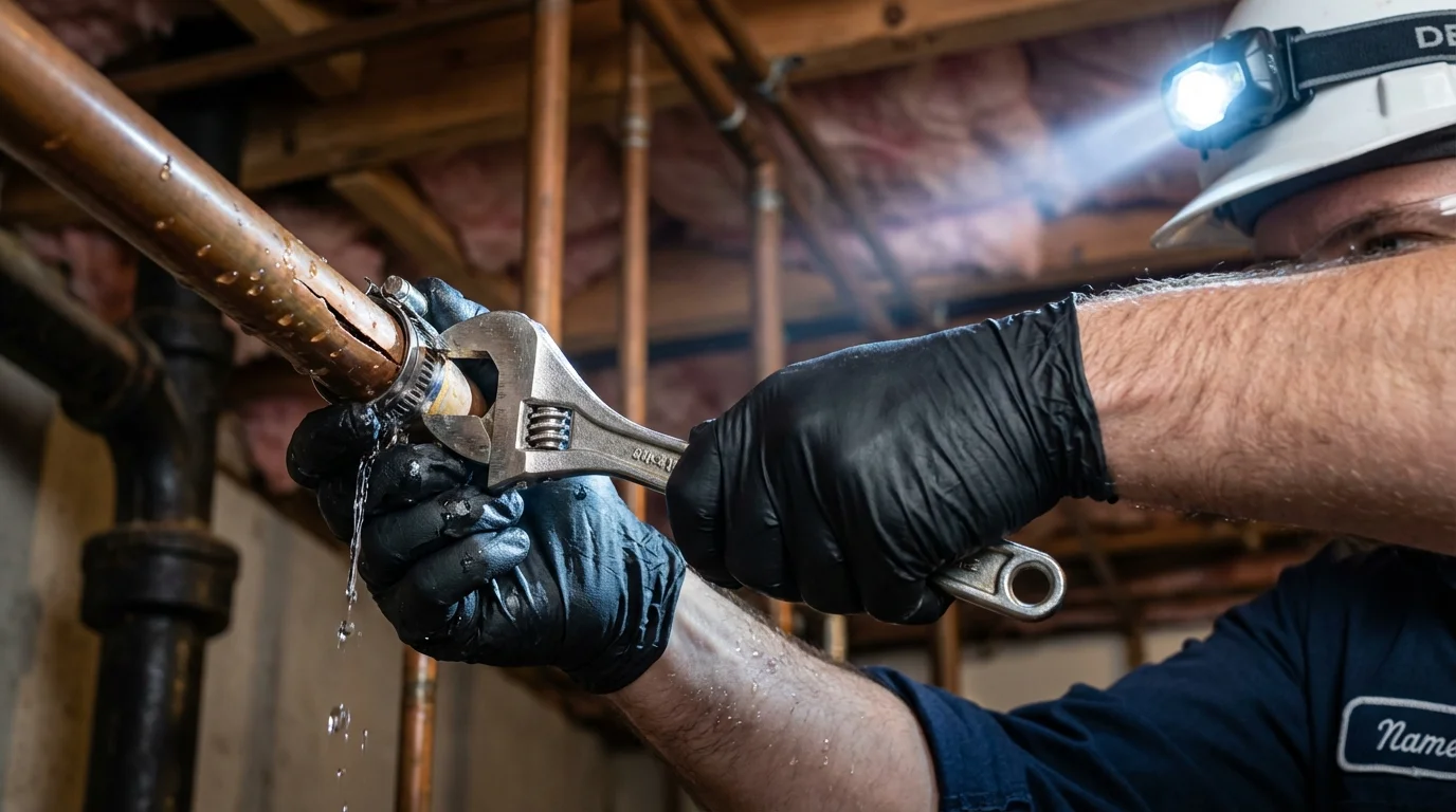 Emergency pipe clamp repair being performed by a Johns Plumbing LLC plumber in Swartz Creek