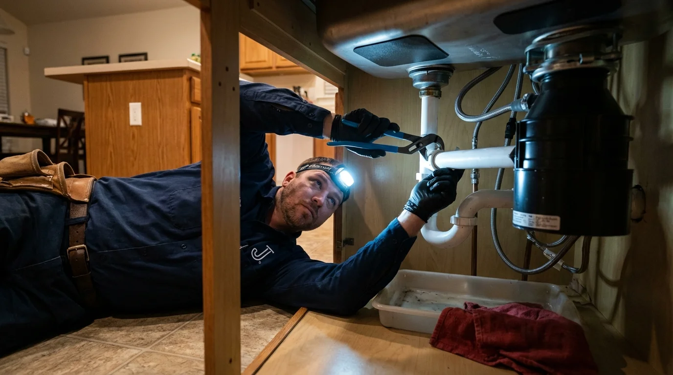 P-trap and supply line connections under a kitchen sink showing a common leak point in Swartz Creek, MI